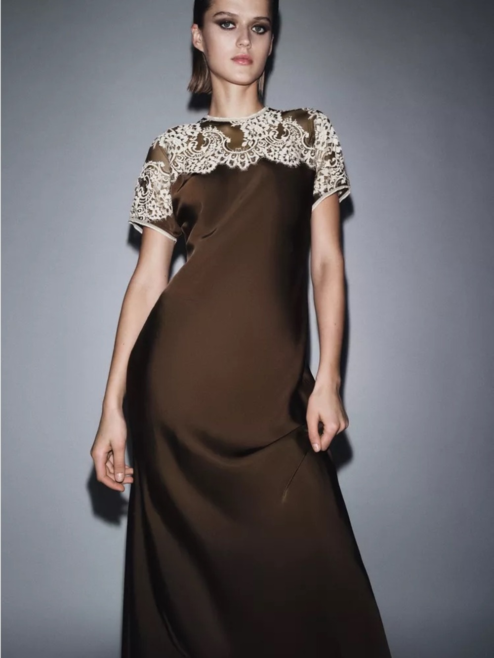 Zara zw collection Brown Maxi Dress with Cream Lace Yoke